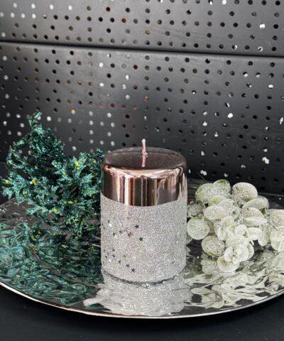 Свічка "пудра-металік-срібло" циліндр, 100х70мм