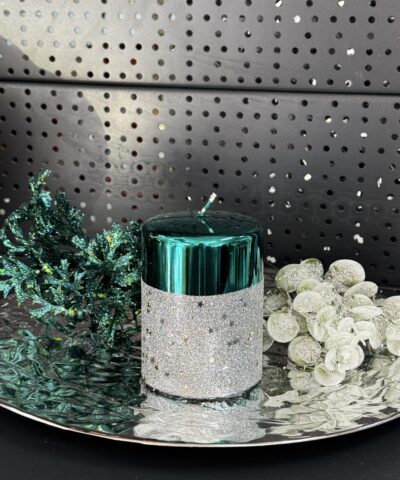 Свічка "зелена-металік-срібло" циліндр, 100х70мм